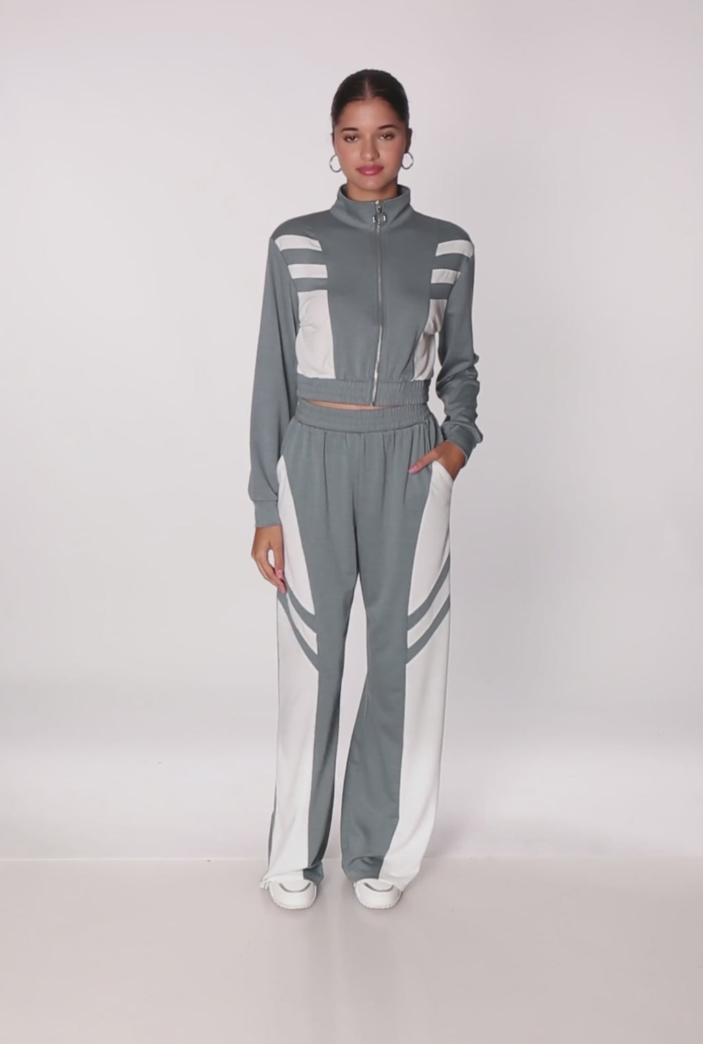 Color Block Cropped Zip Front Track Jacket