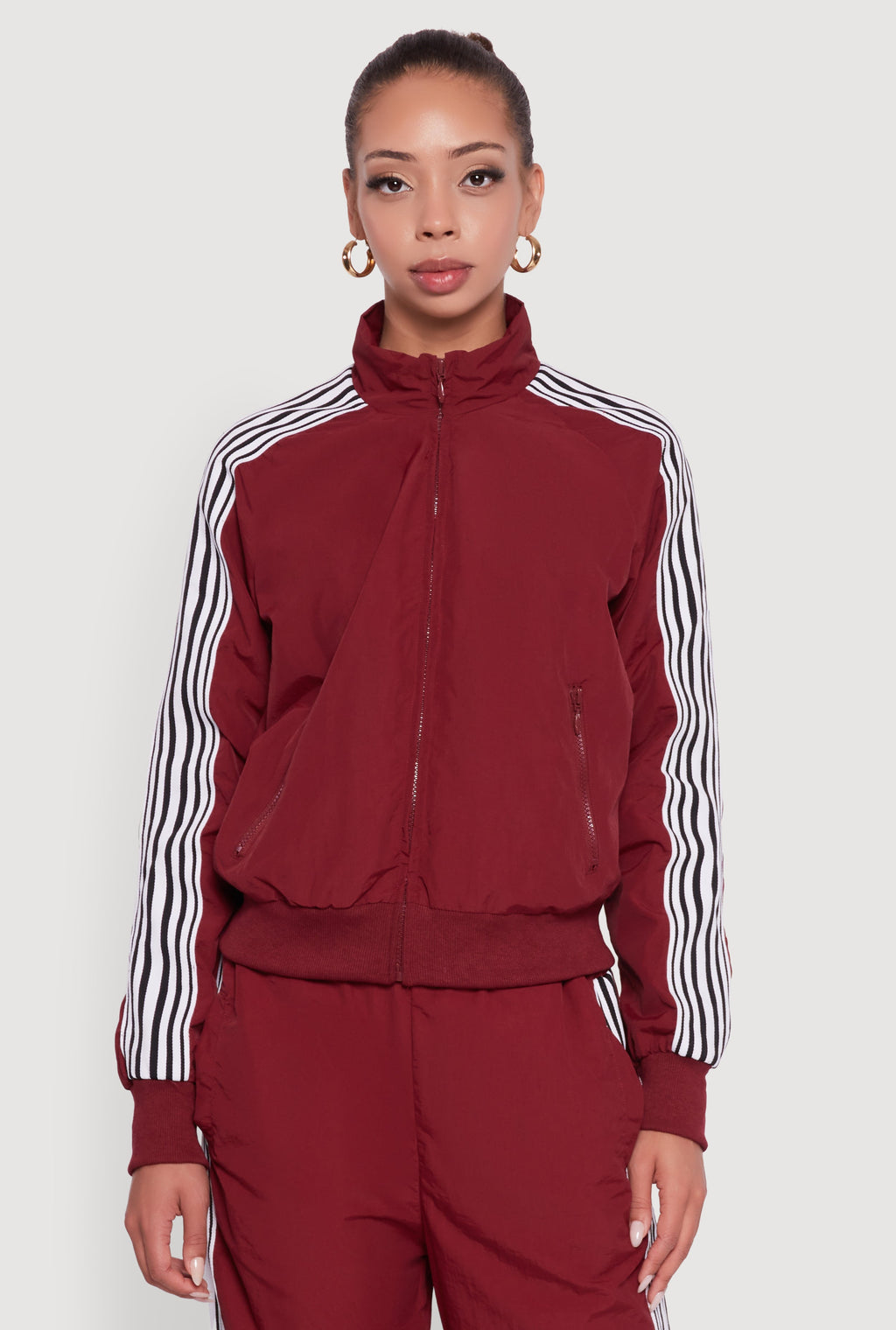 Side Striped Nylon Mock Neck Track Jacket