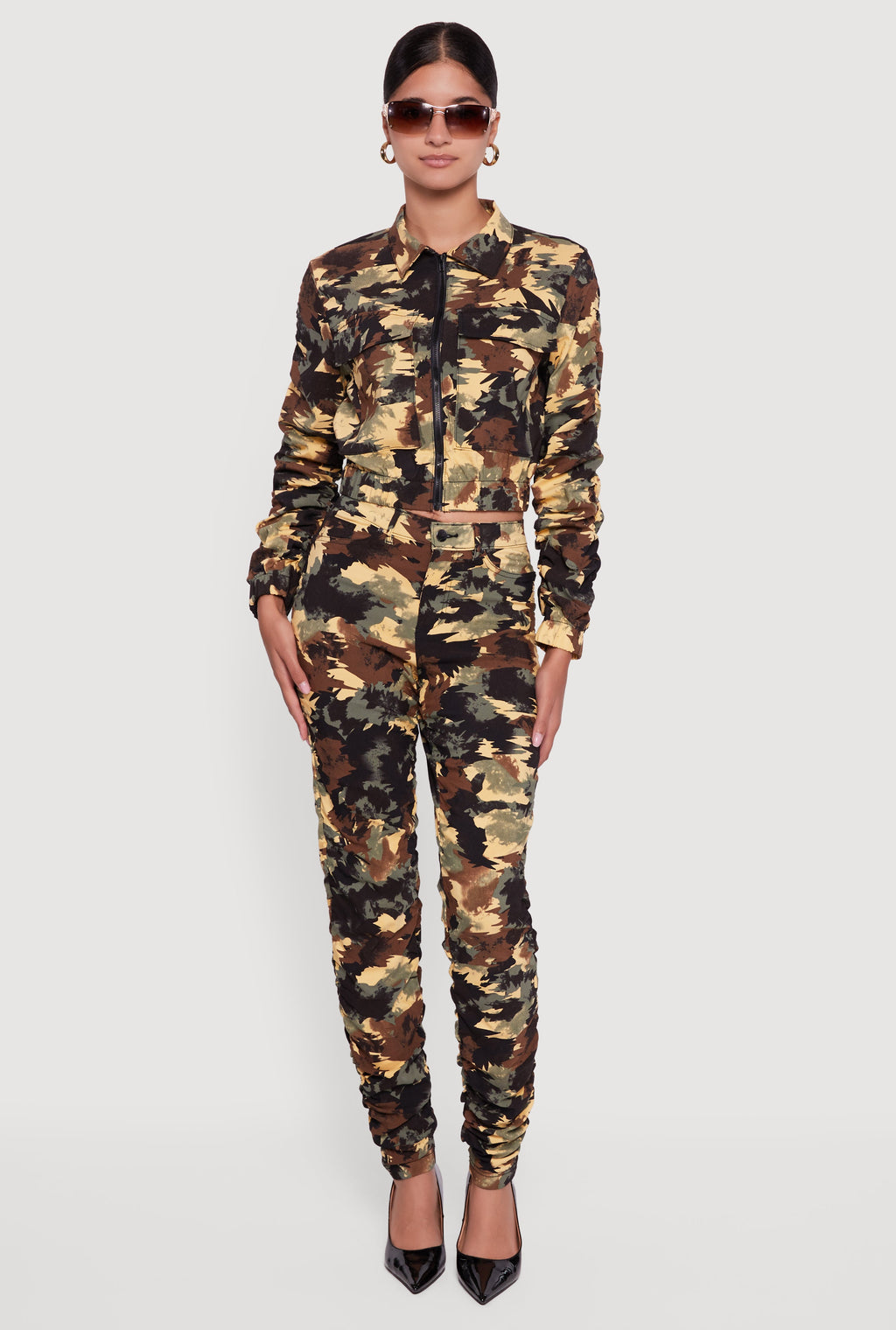Zip Front Printed Pattern Ruched Sleeve Jacket