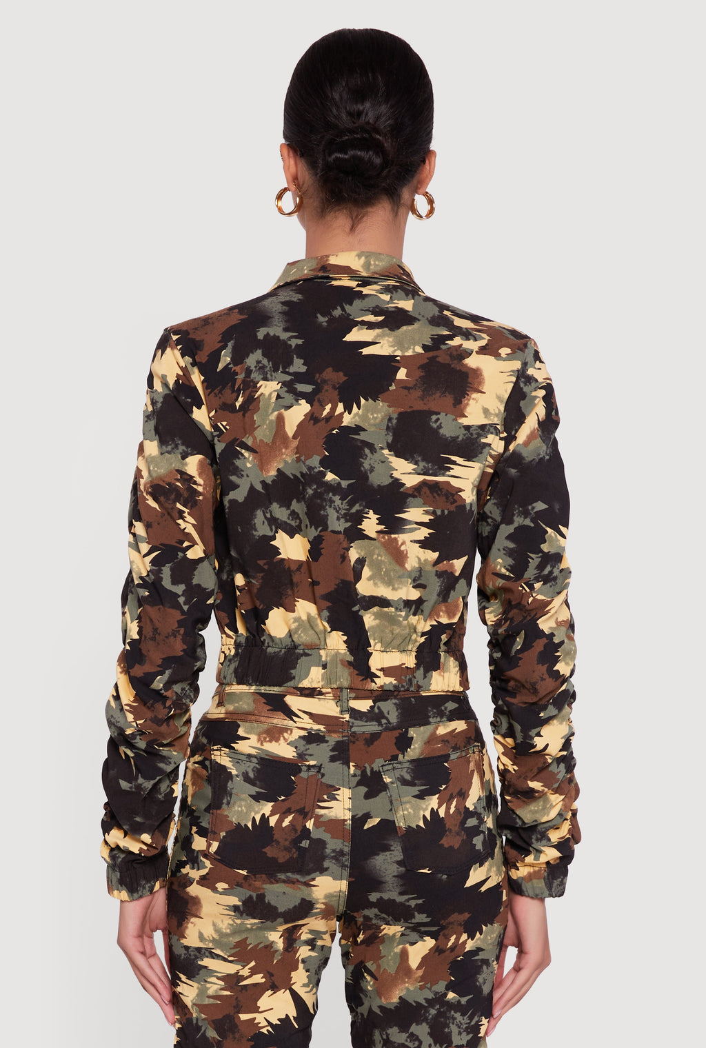 Zip Front Printed Pattern Ruched Sleeve Jacket