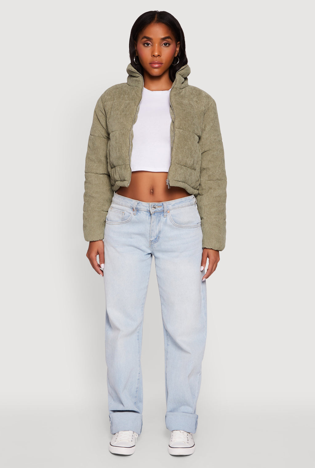 Mock Neck Zip Front Corduroy Puffer Jacket