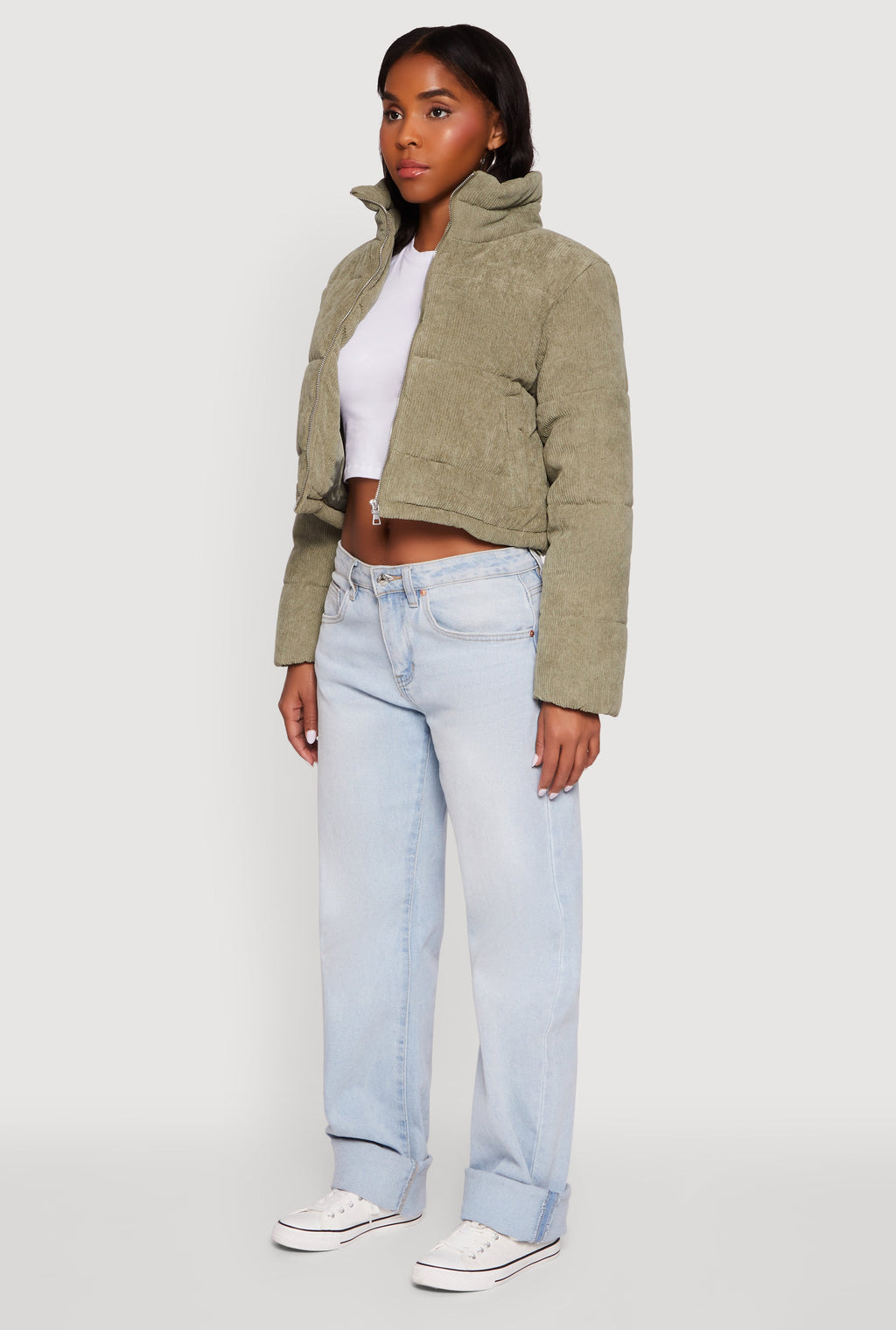 Mock Neck Zip Front Corduroy Puffer Jacket