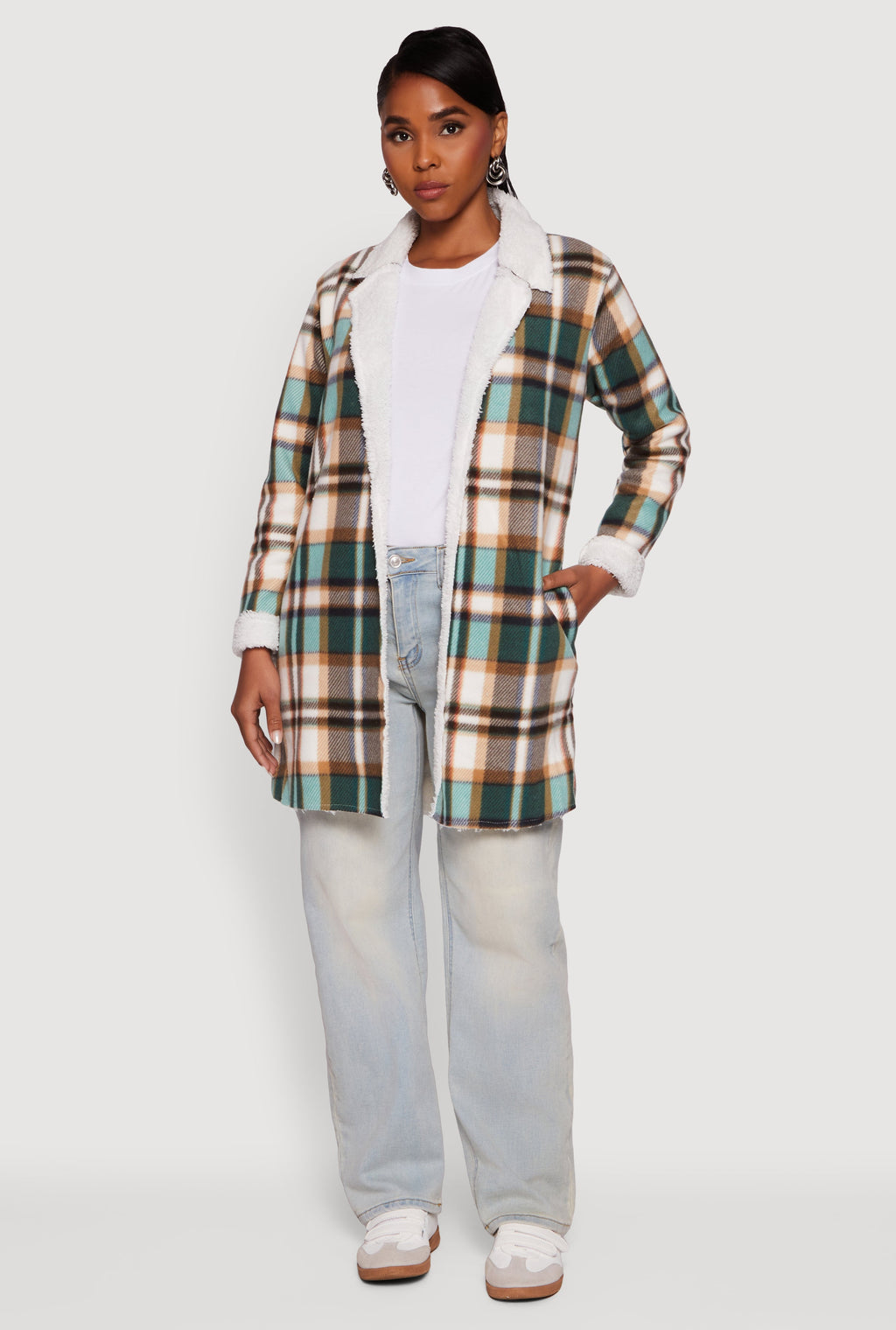 Plaid Sherpa Lined Fleece Collared Open Front Long Jacket