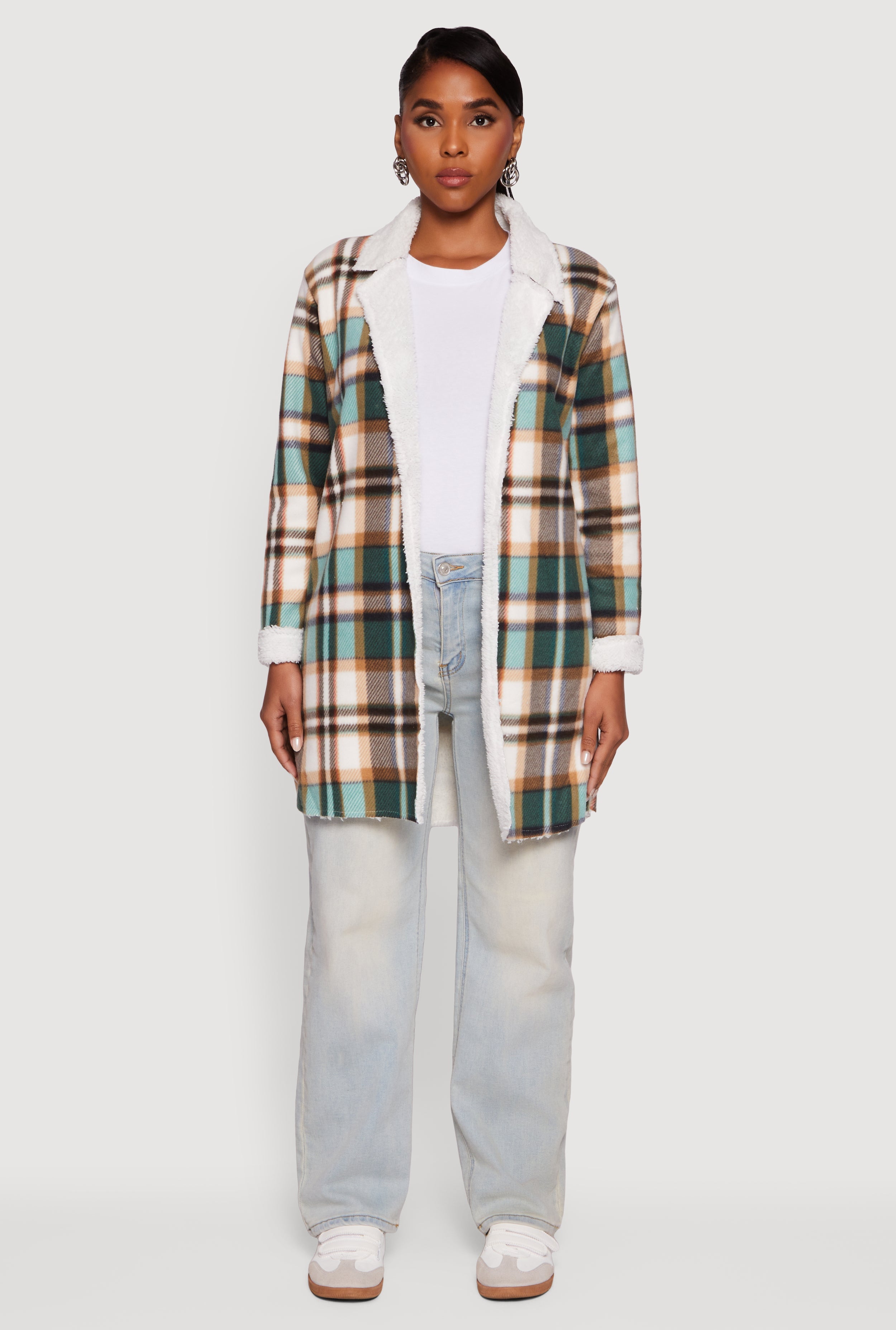 Plaid Sherpa Lined Fleece Collared Open Front Long Jacket