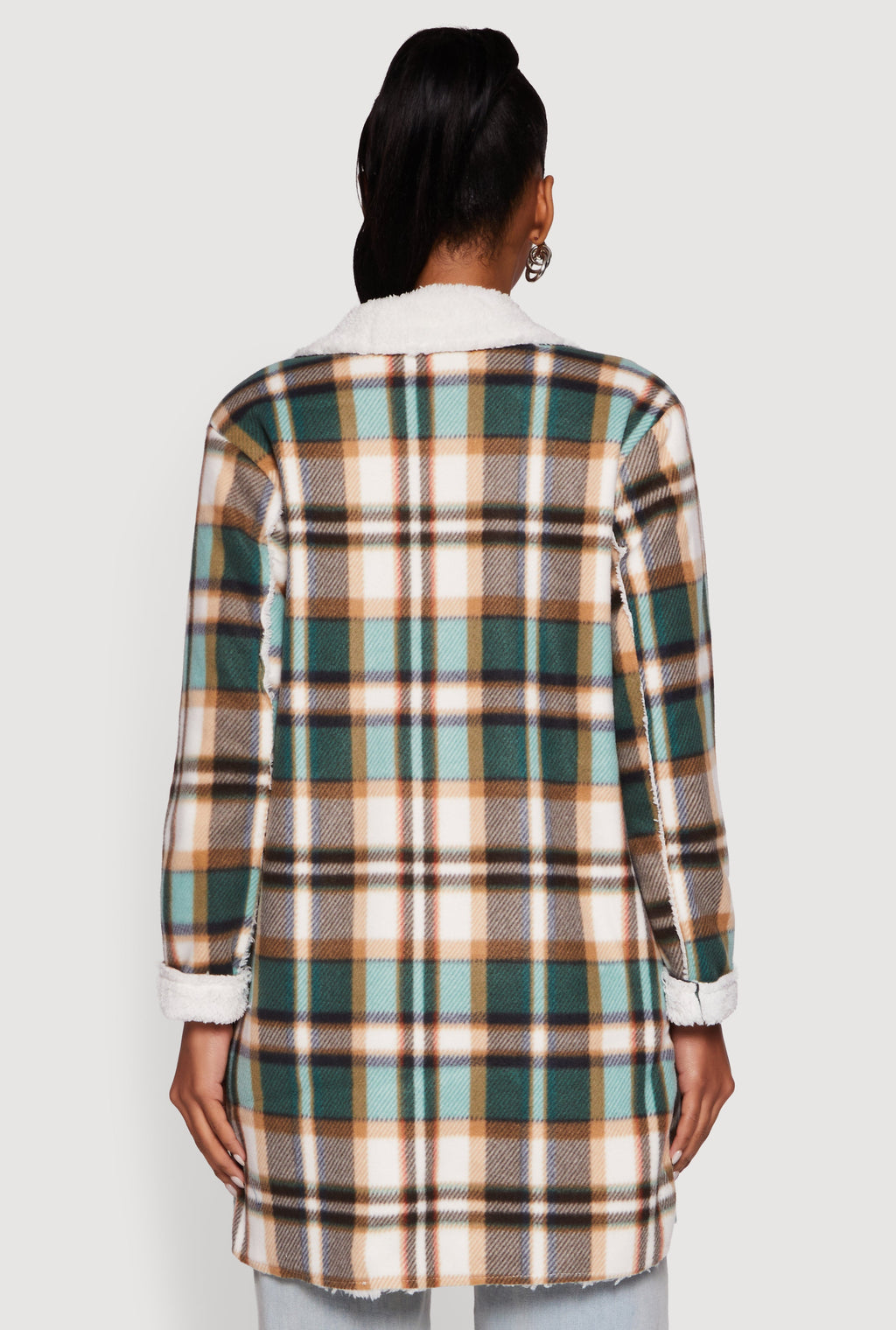 Plaid Sherpa Lined Fleece Collared Open Front Long Jacket