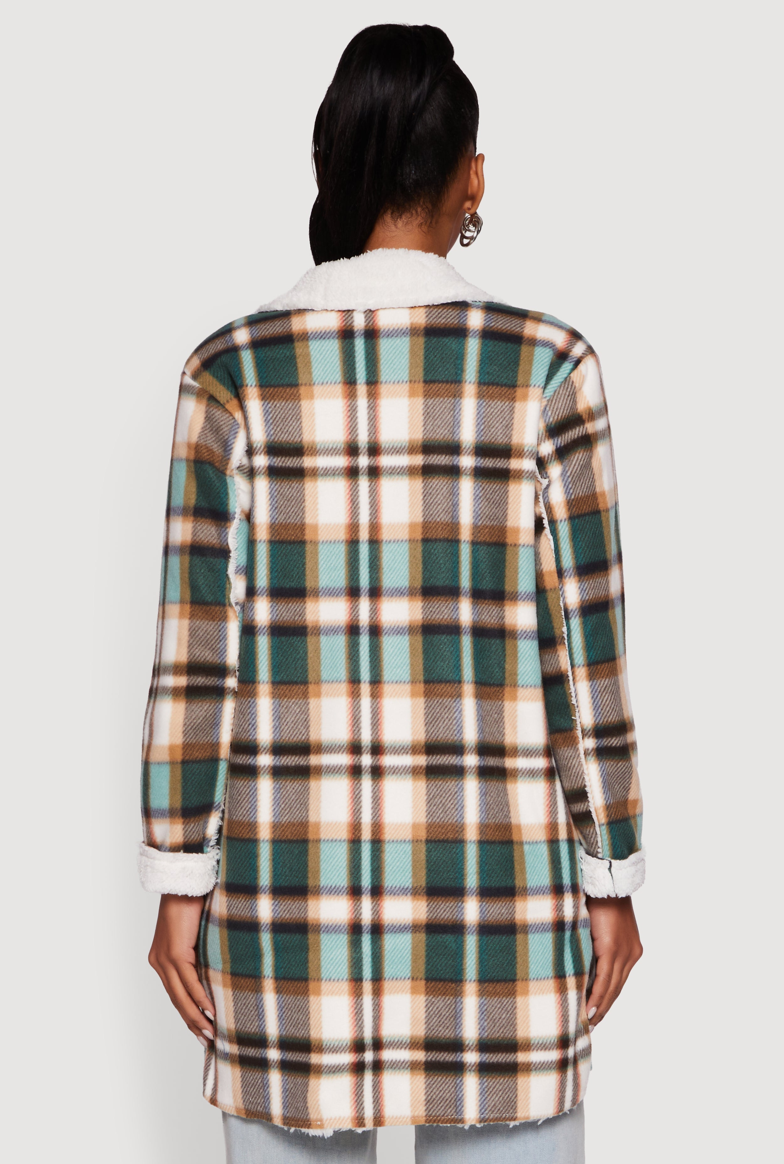 Plaid Sherpa Lined Fleece Collared Open Front Long Jacket