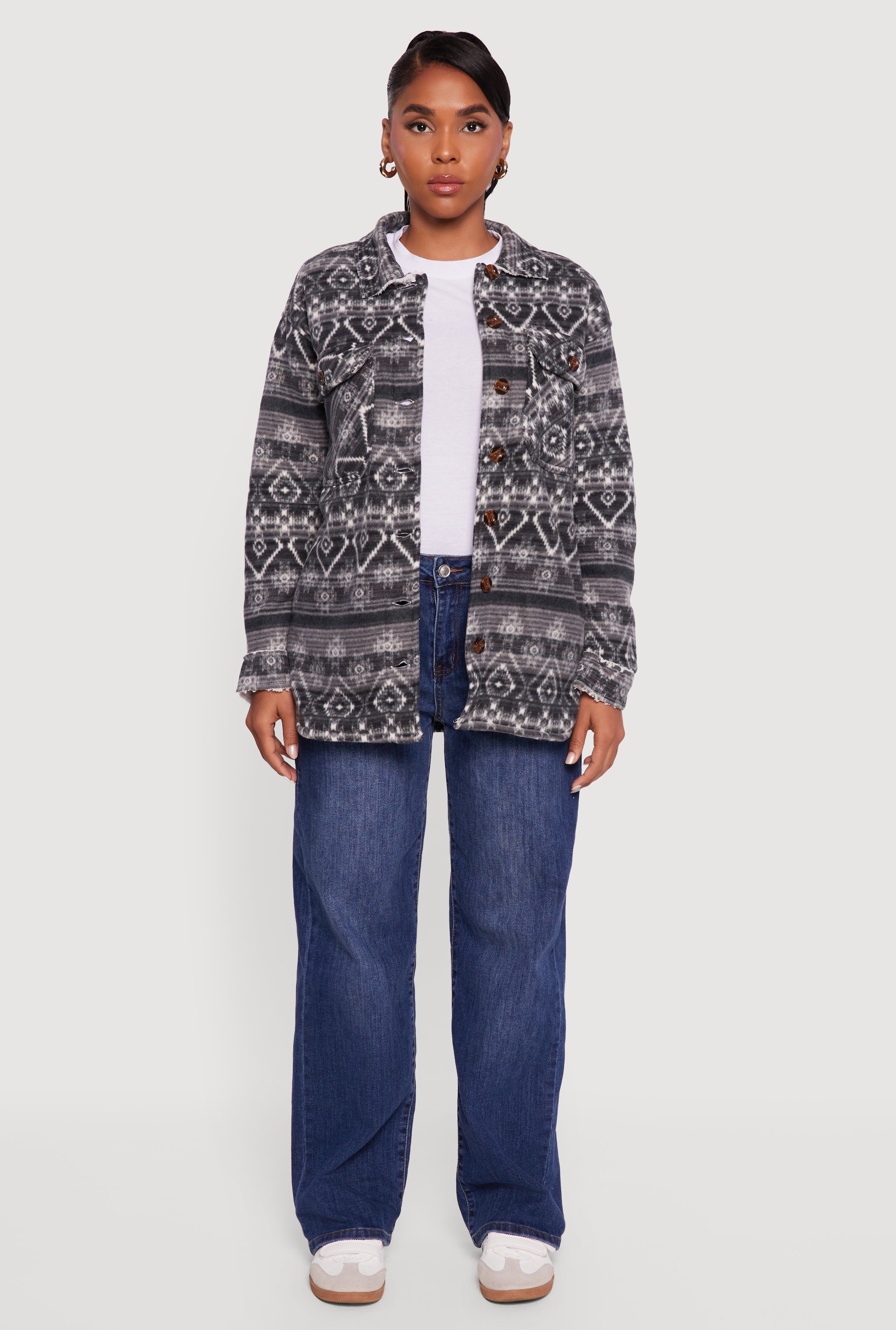 Fair Isle Print Sherpa Lined  Fleece Shacket