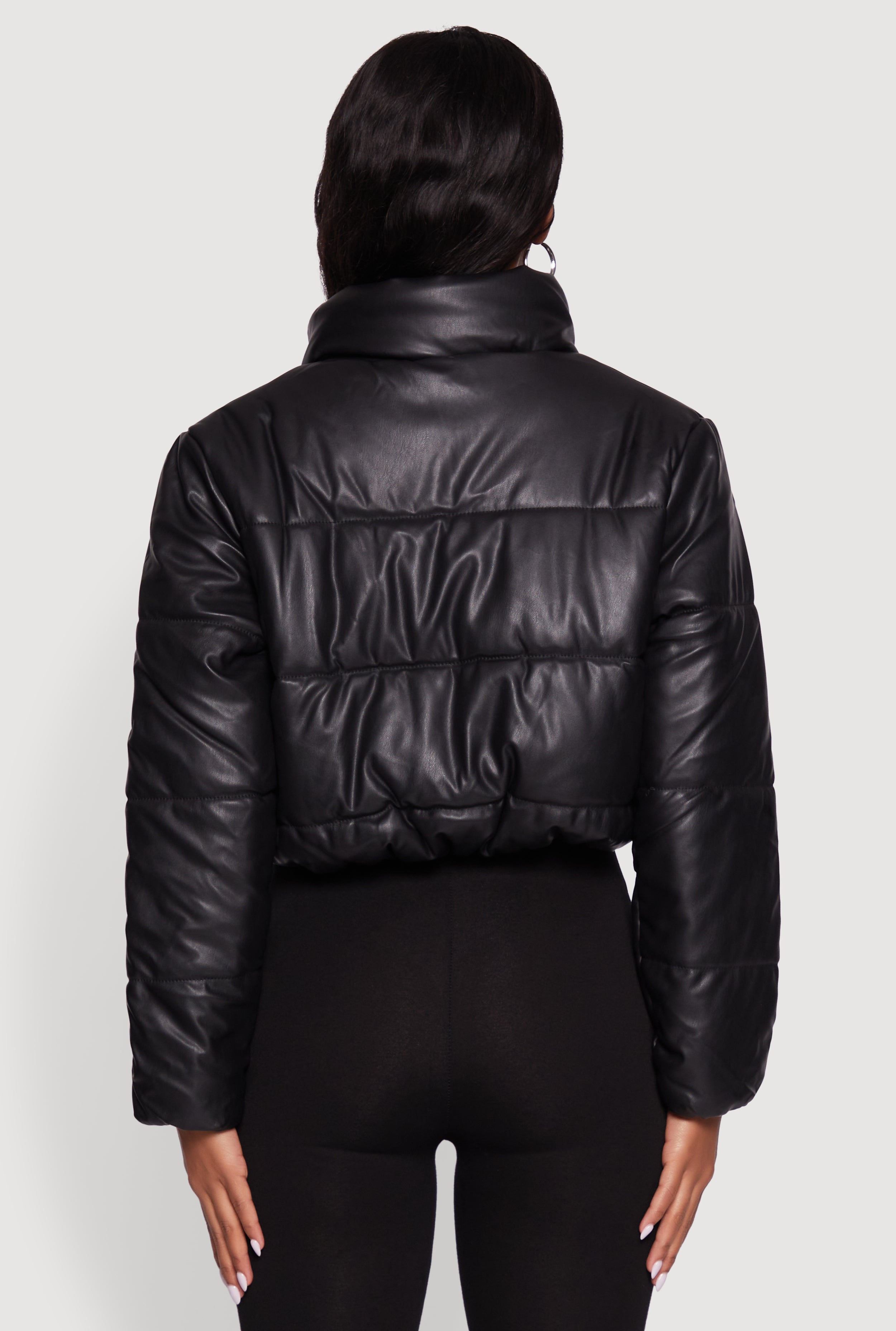 Cropped Faux Leather Puffer Jacket