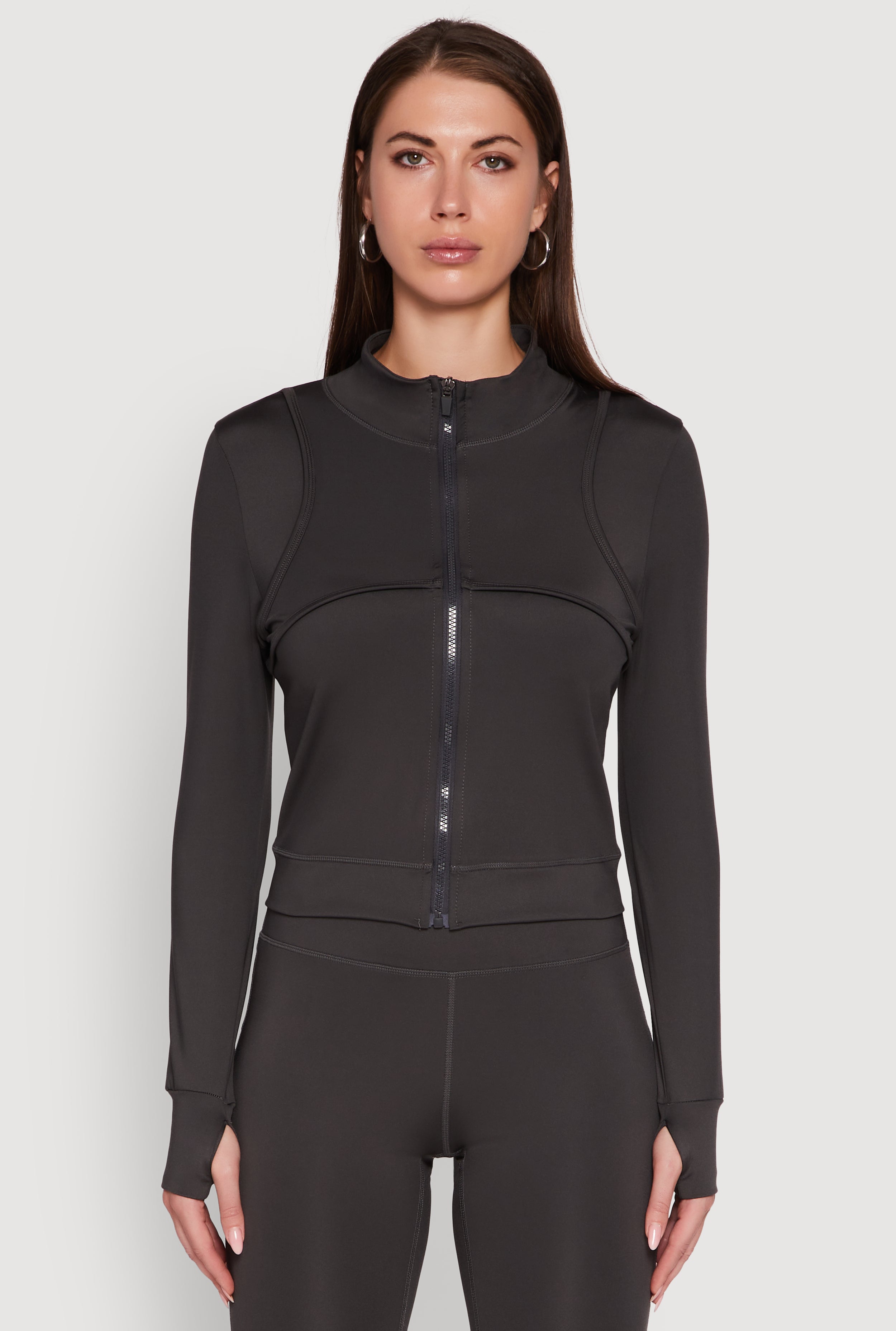 Mock Neck Long Sleeve Activewear Jacket with Thumb Holes