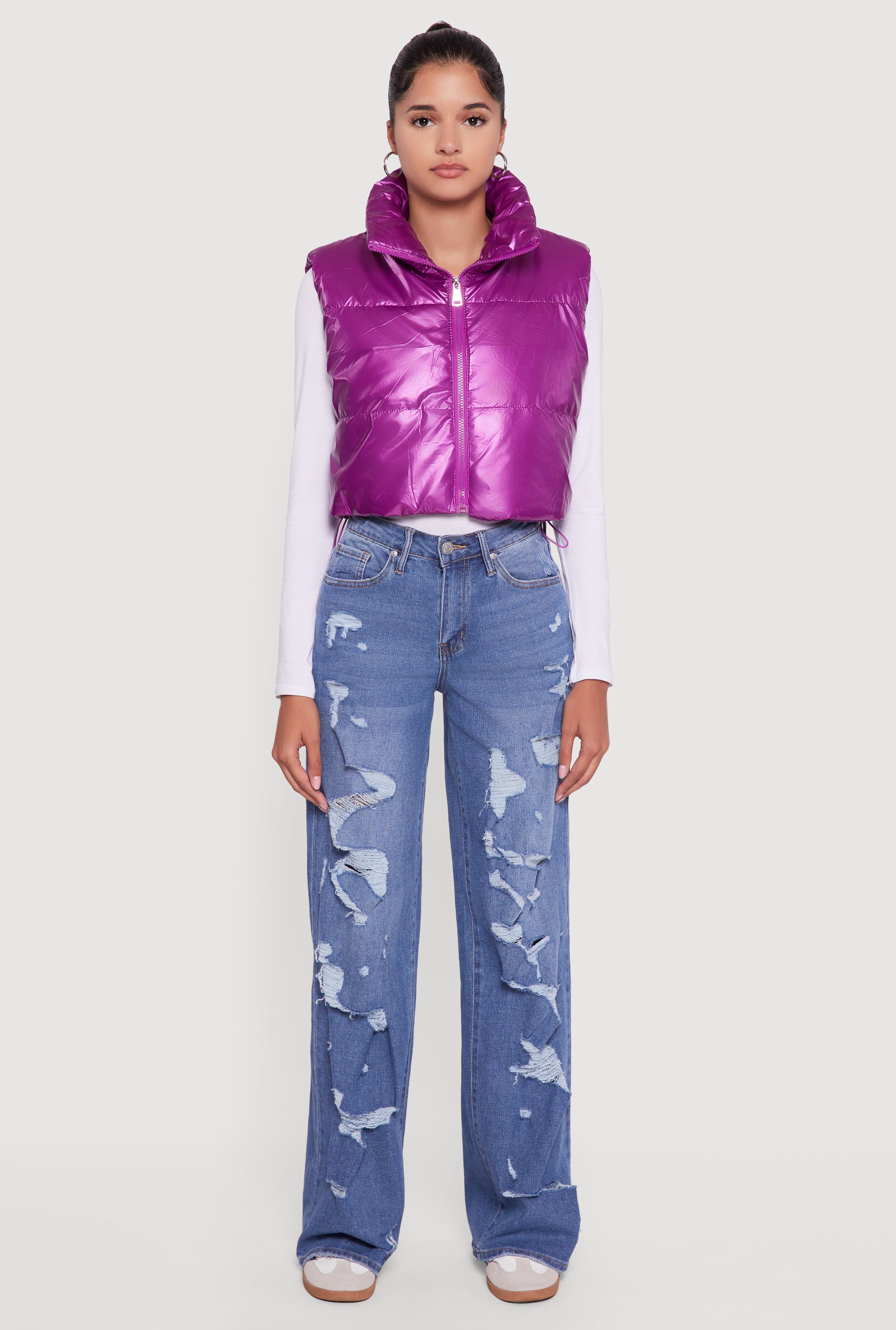 Drawstring Hem Cropped Zip Front Puffer Vest