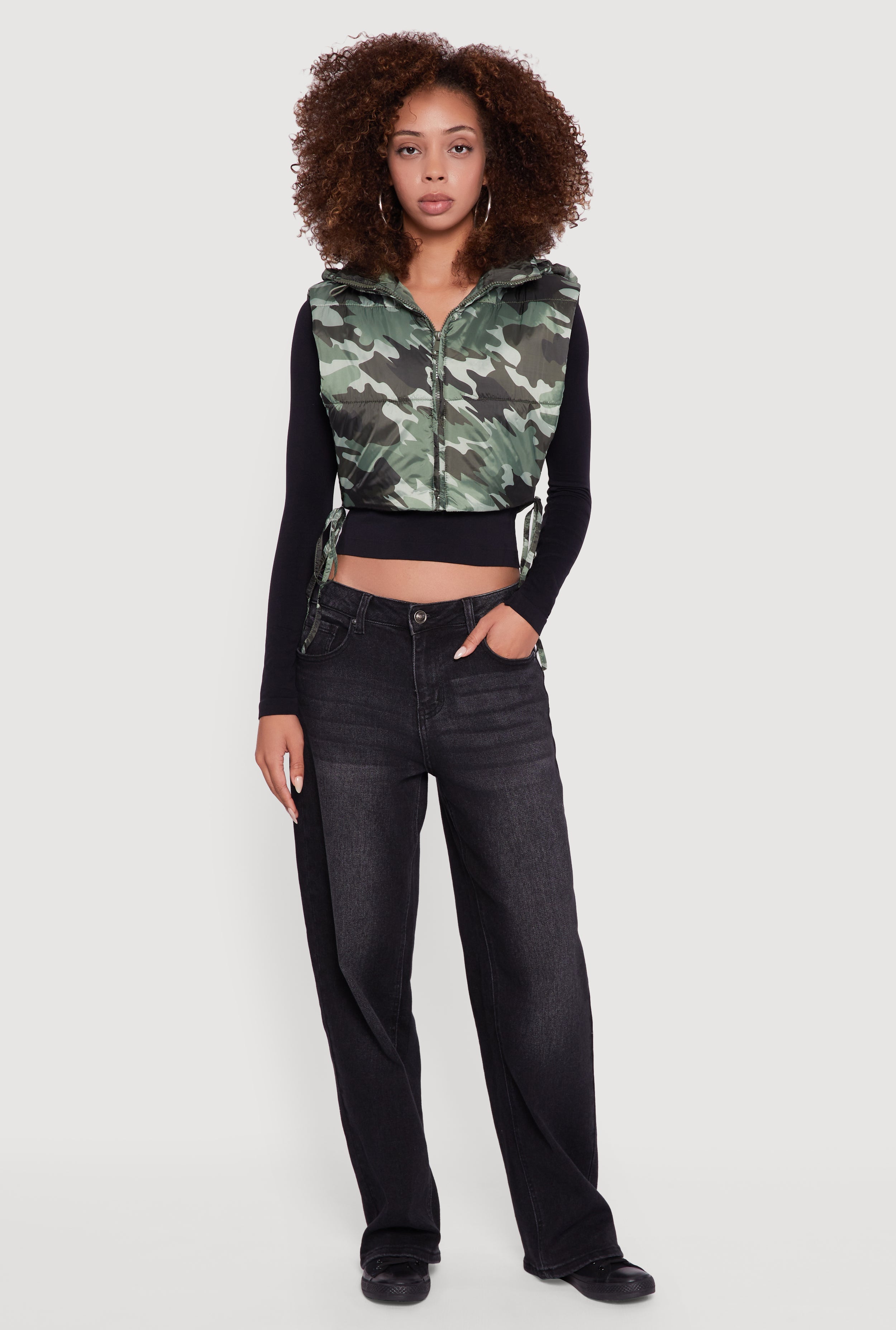 Hooded Cropped Puffer Vest with Open Tie Sides