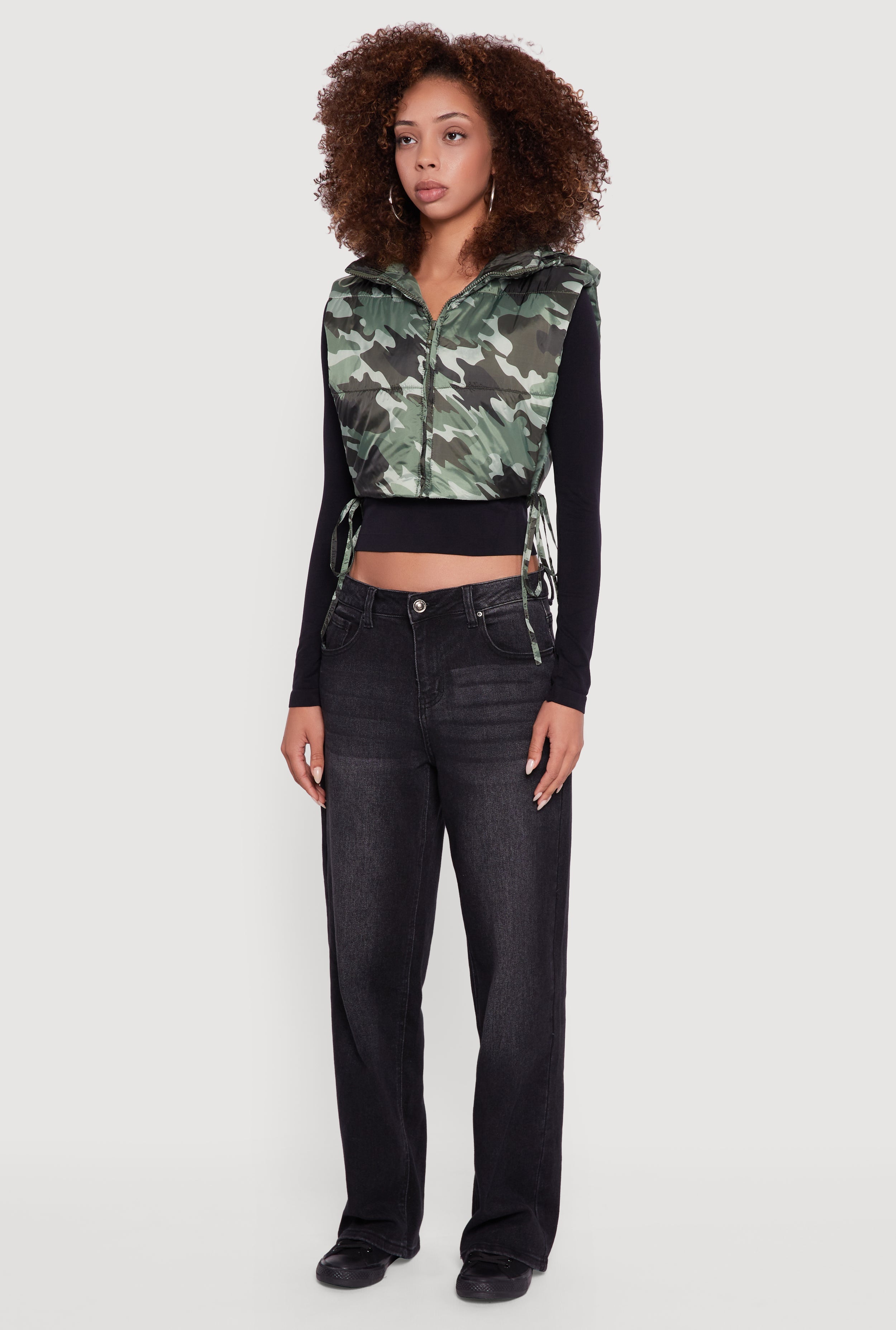 Hooded Cropped Puffer Vest with Open Tie Sides