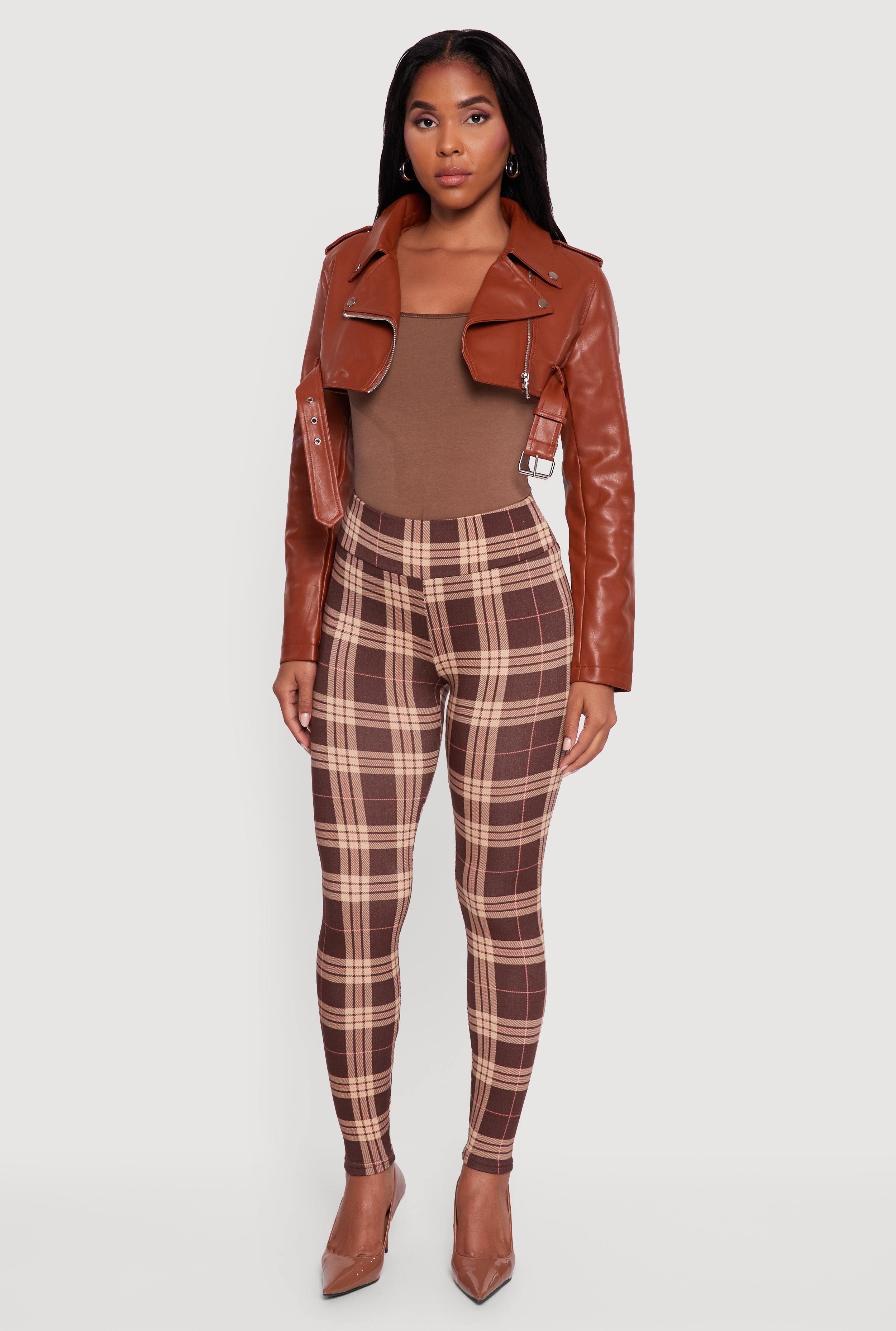 Faux Leather Cropped Moto Jacket with Belted Hem