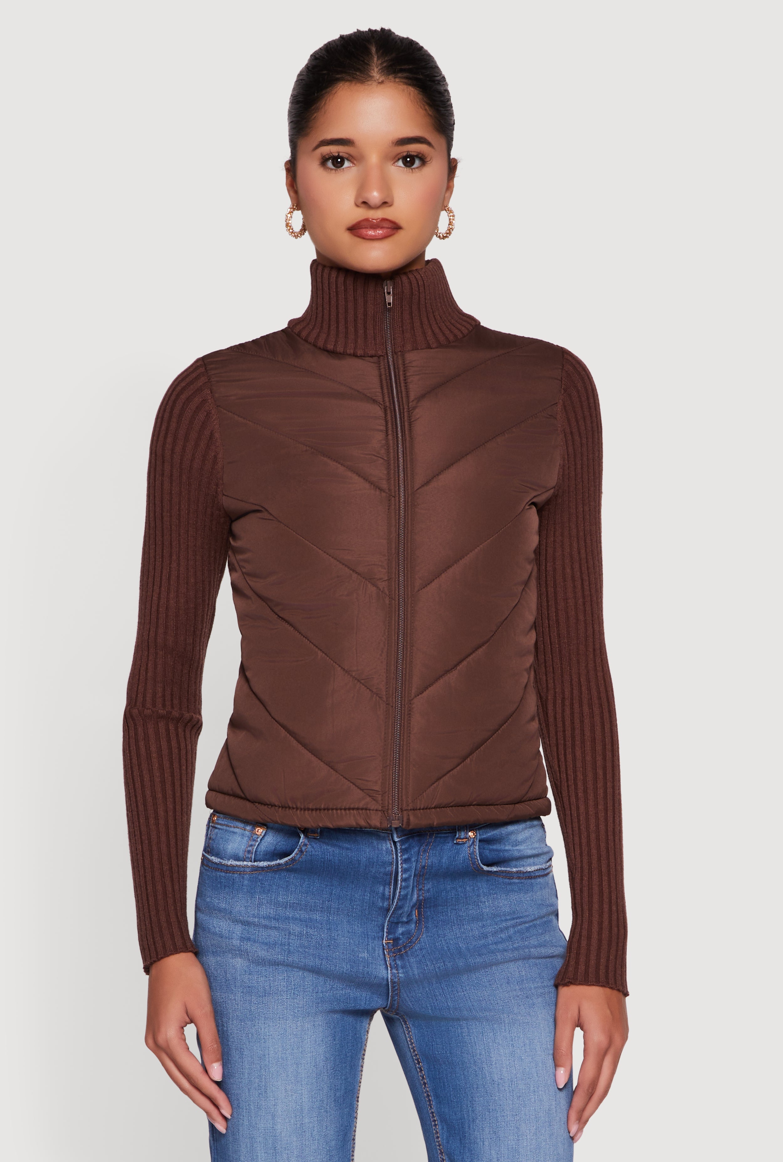 Quilted Puffer Jacket with Ribbed Knit Sleeves
