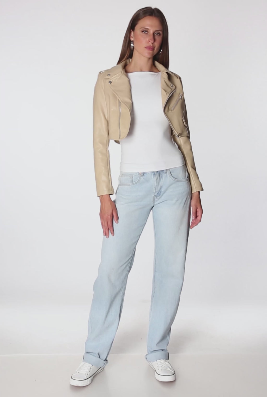 Faux Leather Long Sleeve Cropped Moto Jacket